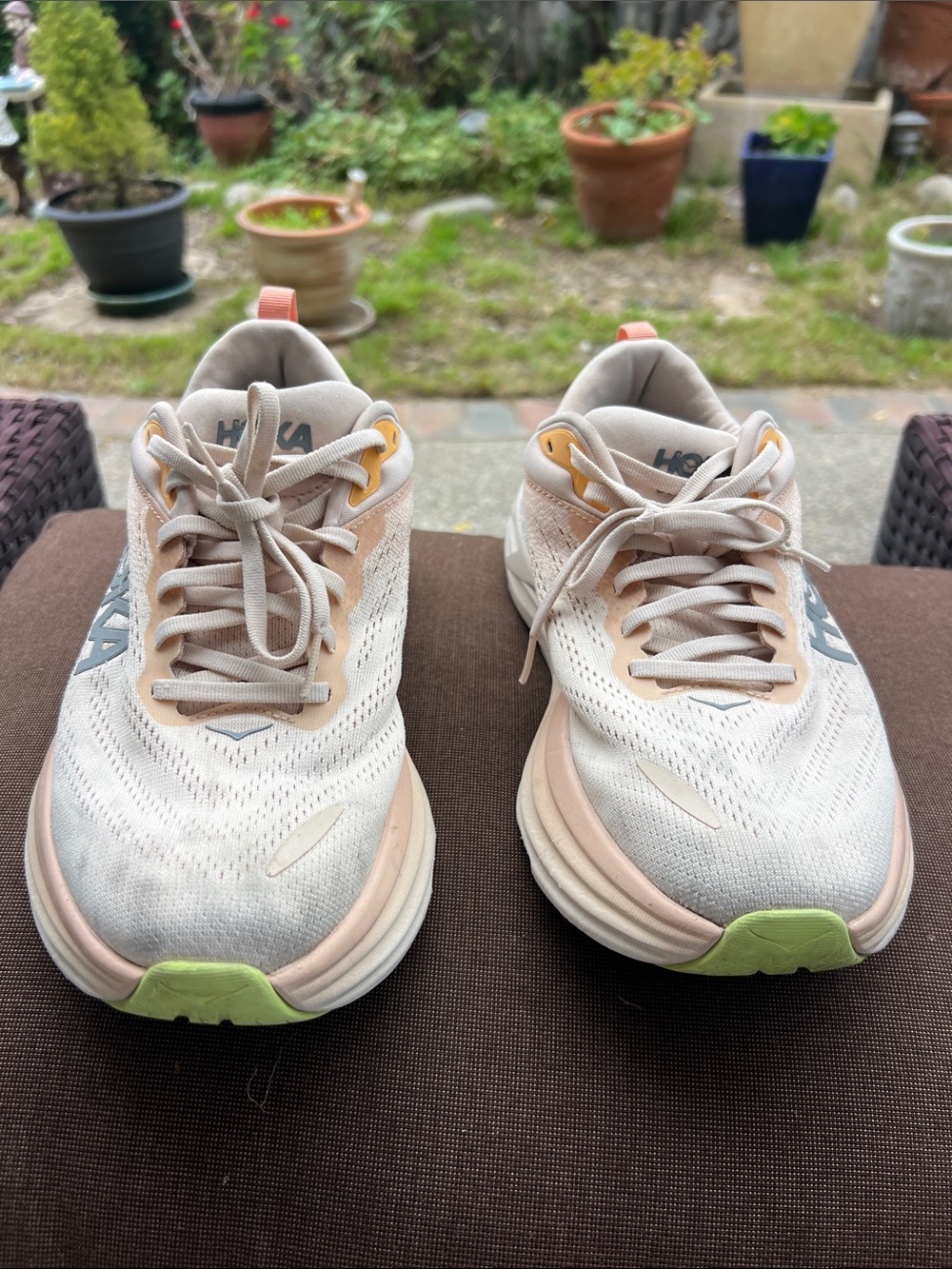 Hoka Women's Running Shoes in Light Beige with Lime Accents